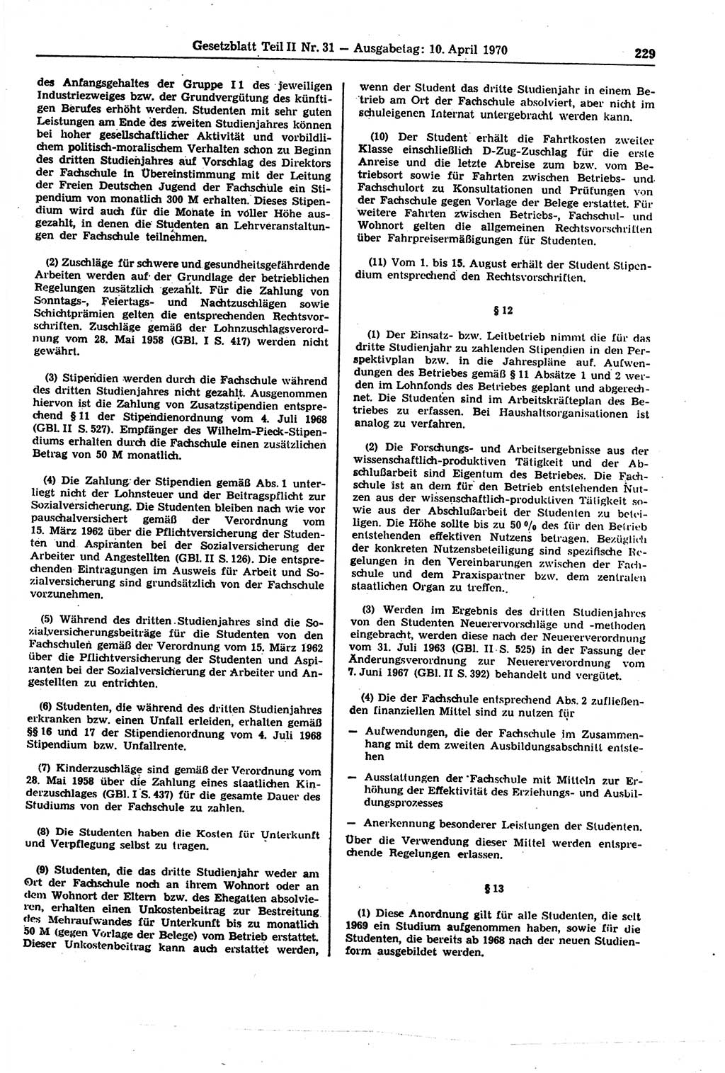 Gesetzblatt (GBl.) der Deutschen Demokratischen Republik (DDR) Teil ⅠⅠ 1970, Seite 229 (GBl. DDR ⅠⅠ 1970, S. 229)
