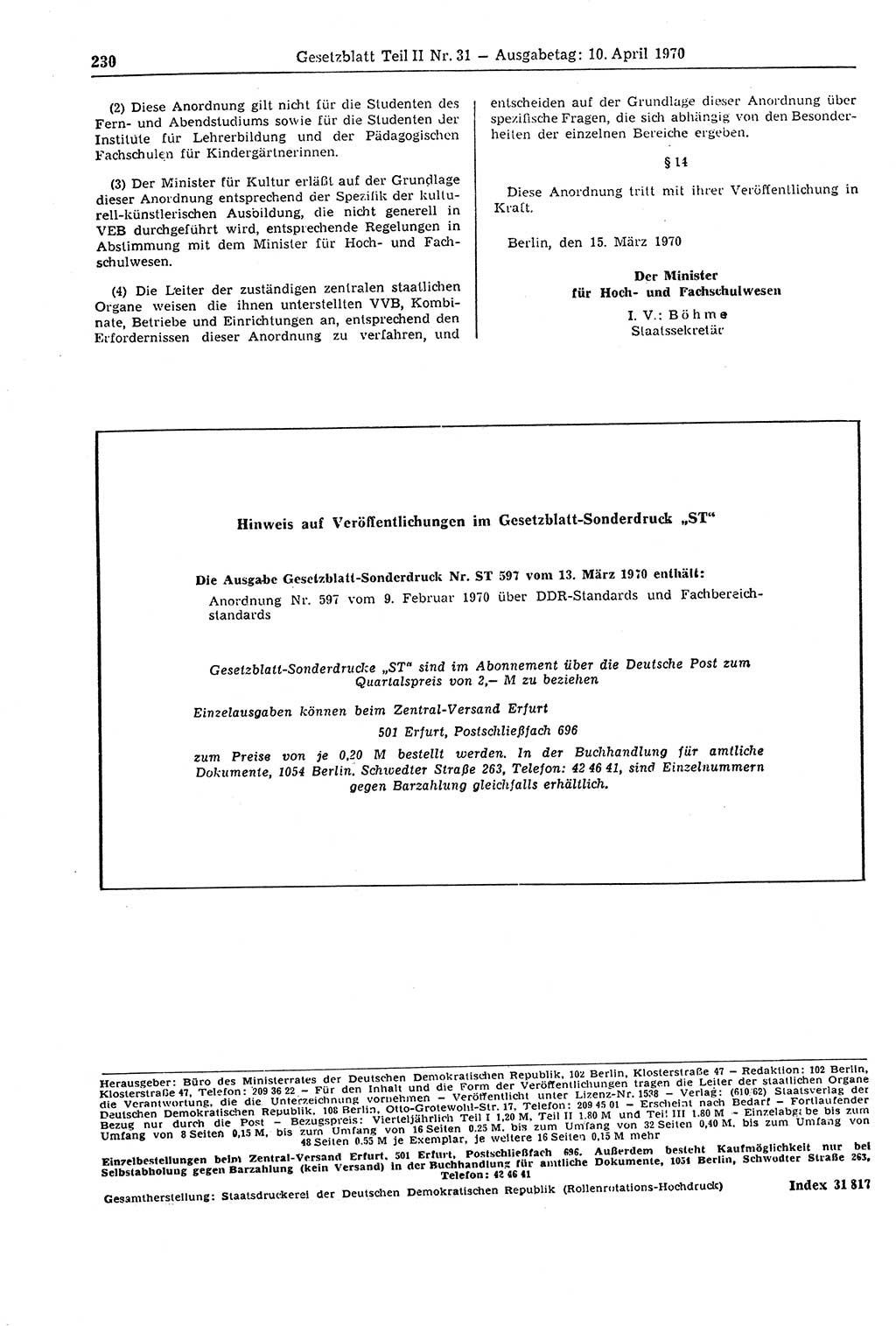 Gesetzblatt (GBl.) der Deutschen Demokratischen Republik (DDR) Teil ⅠⅠ 1970, Seite 230 (GBl. DDR ⅠⅠ 1970, S. 230)