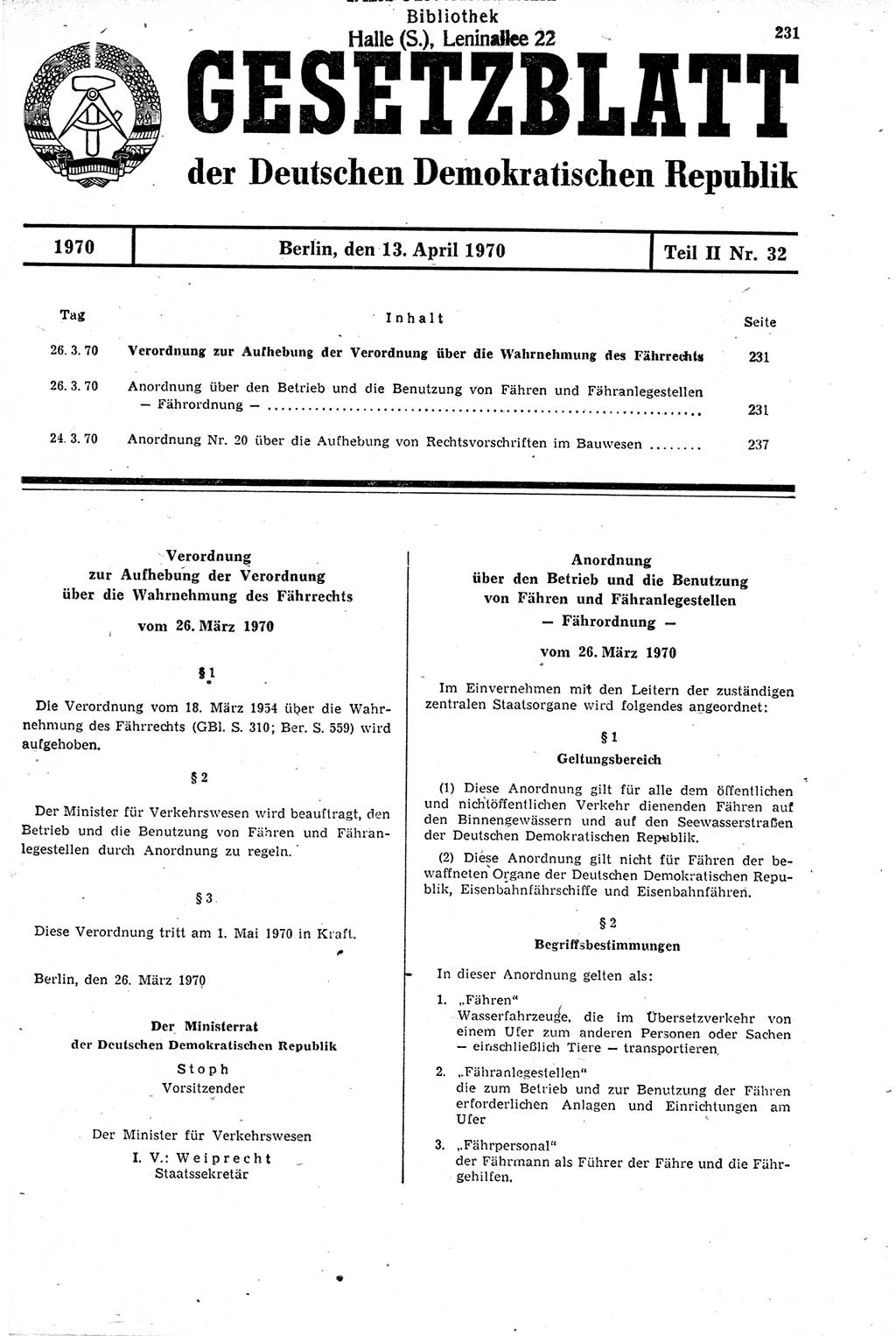 Gesetzblatt (GBl.) der Deutschen Demokratischen Republik (DDR) Teil ⅠⅠ 1970, Seite 231 (GBl. DDR ⅠⅠ 1970, S. 231)