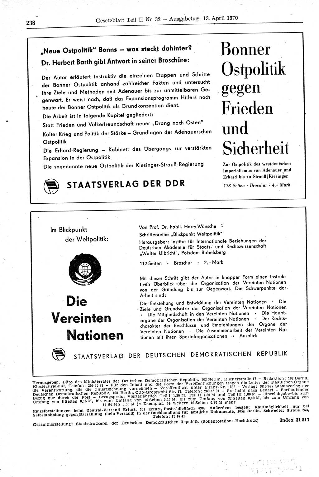 Gesetzblatt (GBl.) der Deutschen Demokratischen Republik (DDR) Teil ⅠⅠ 1970, Seite 238 (GBl. DDR ⅠⅠ 1970, S. 238)