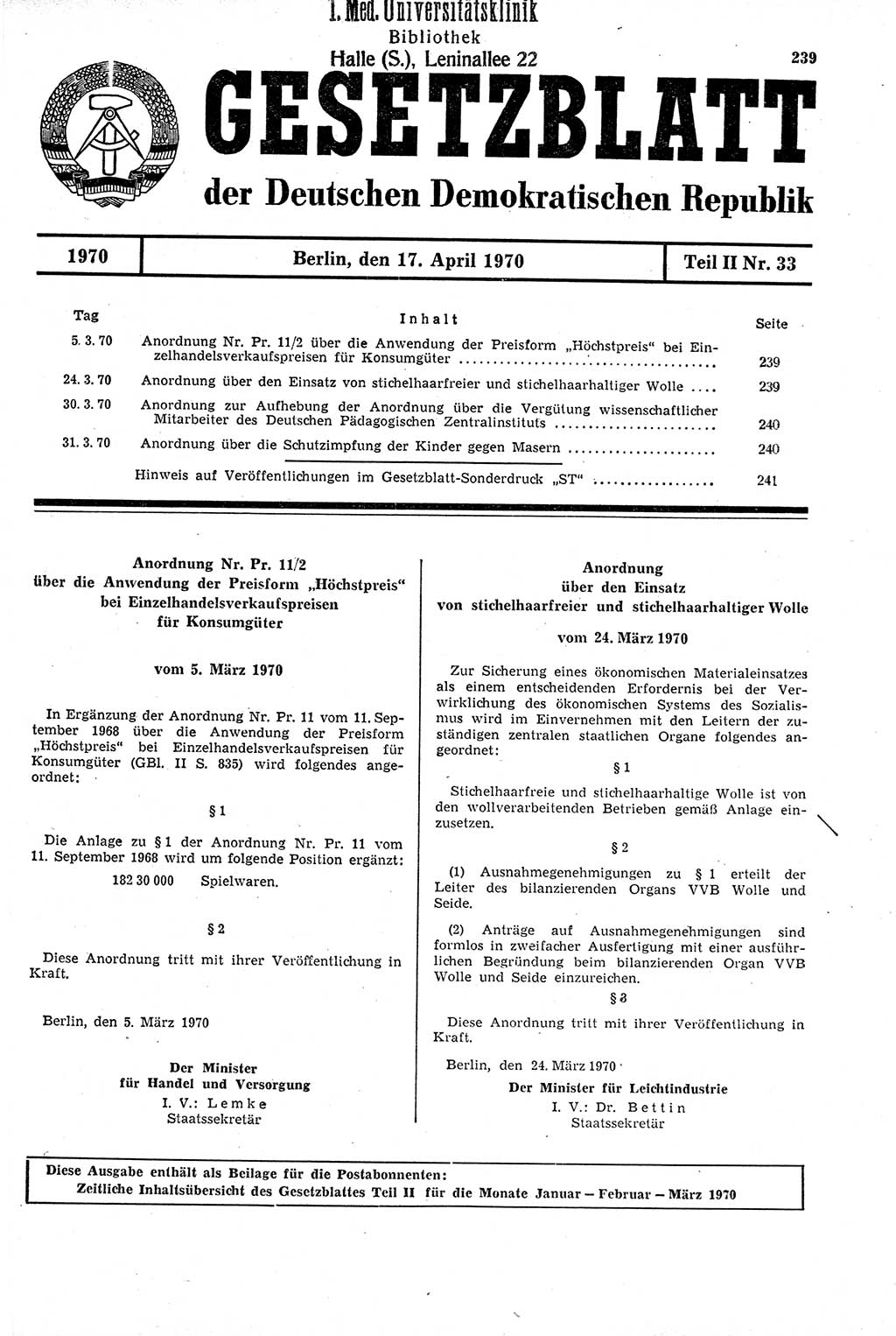 Gesetzblatt (GBl.) der Deutschen Demokratischen Republik (DDR) Teil ⅠⅠ 1970, Seite 239 (GBl. DDR ⅠⅠ 1970, S. 239)