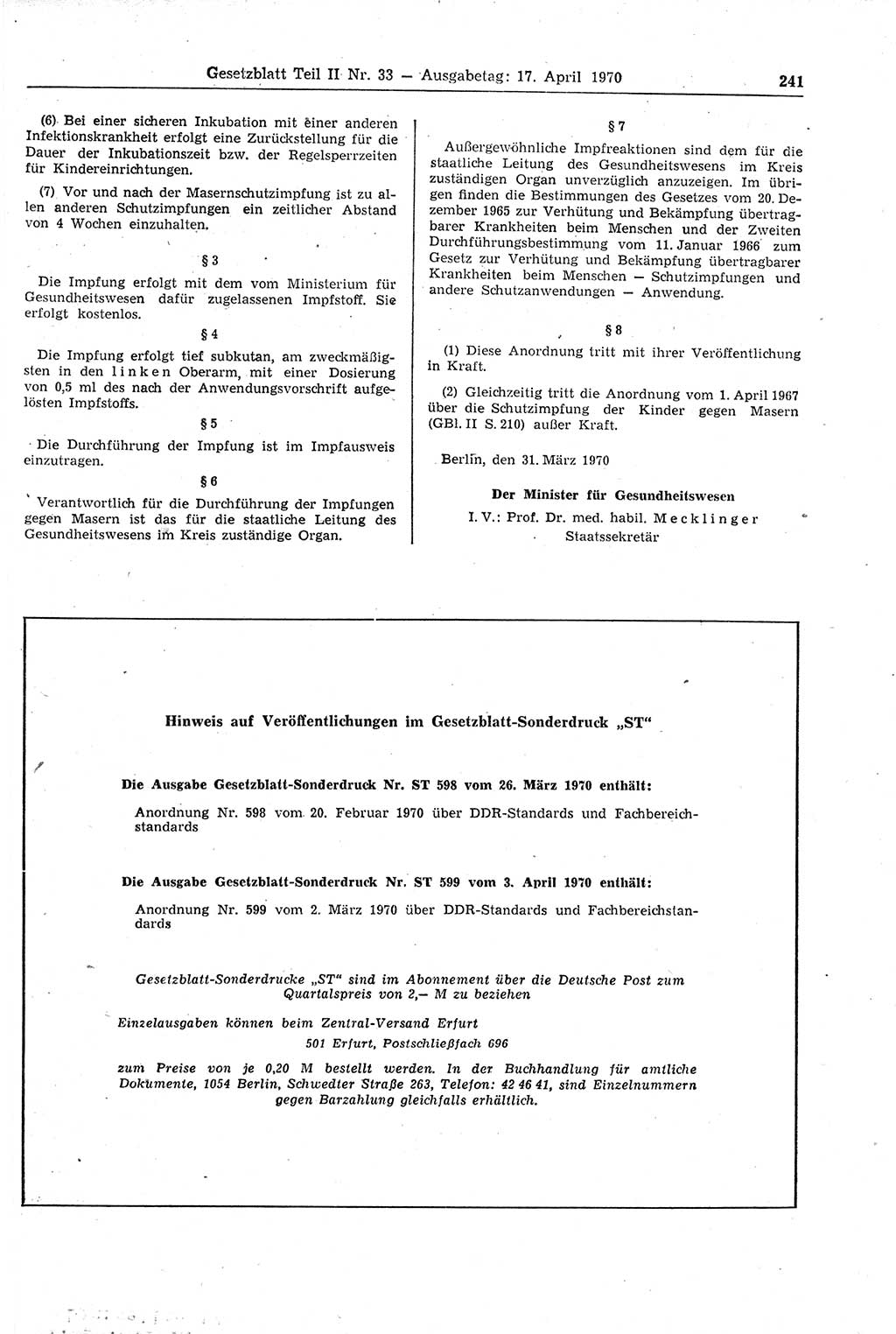 Gesetzblatt (GBl.) der Deutschen Demokratischen Republik (DDR) Teil ⅠⅠ 1970, Seite 241 (GBl. DDR ⅠⅠ 1970, S. 241)