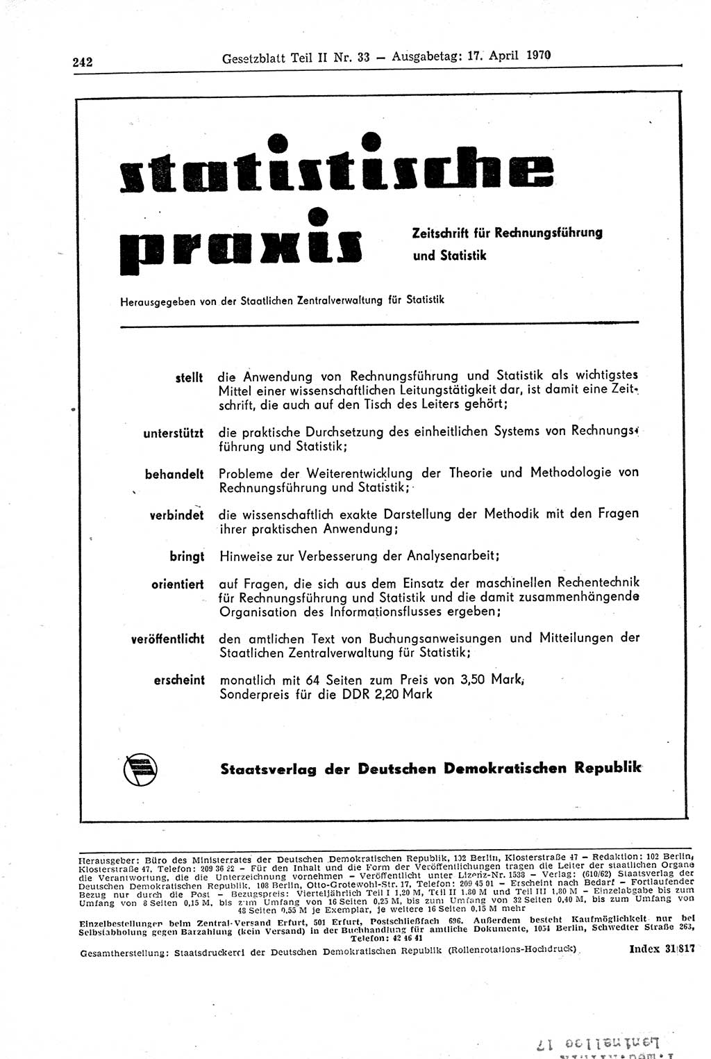 Gesetzblatt (GBl.) der Deutschen Demokratischen Republik (DDR) Teil ⅠⅠ 1970, Seite 242 (GBl. DDR ⅠⅠ 1970, S. 242)