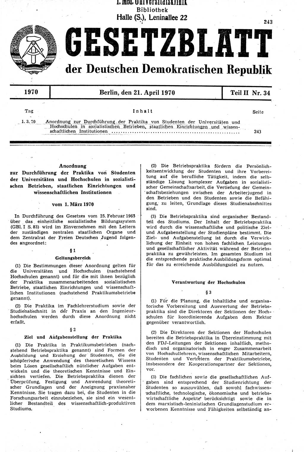 Gesetzblatt (GBl.) der Deutschen Demokratischen Republik (DDR) Teil ⅠⅠ 1970, Seite 243 (GBl. DDR ⅠⅠ 1970, S. 243)