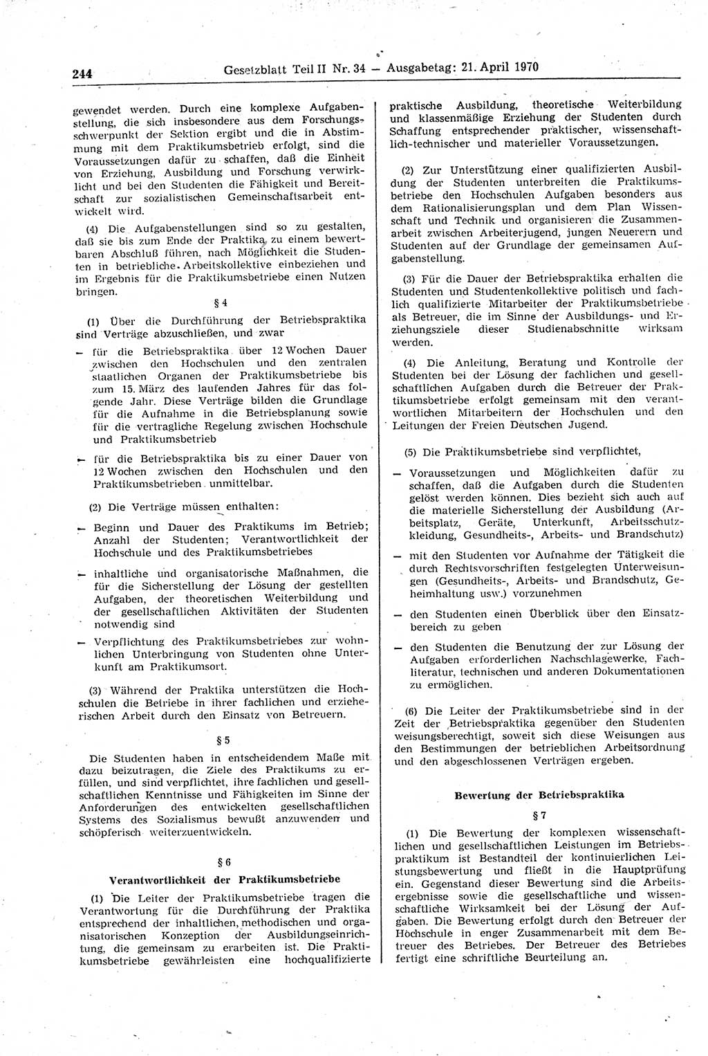 Gesetzblatt (GBl.) der Deutschen Demokratischen Republik (DDR) Teil ⅠⅠ 1970, Seite 244 (GBl. DDR ⅠⅠ 1970, S. 244)