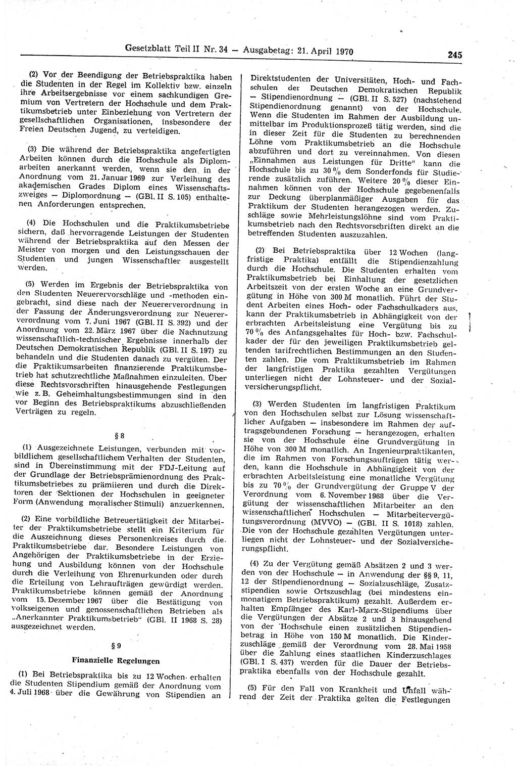 Gesetzblatt (GBl.) der Deutschen Demokratischen Republik (DDR) Teil ⅠⅠ 1970, Seite 245 (GBl. DDR ⅠⅠ 1970, S. 245)