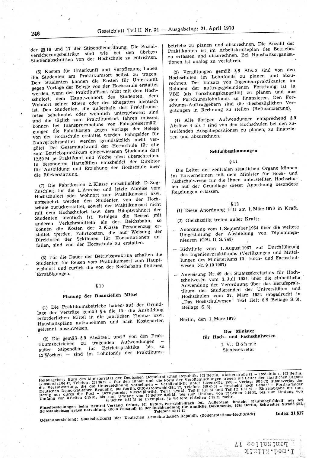 Gesetzblatt (GBl.) der Deutschen Demokratischen Republik (DDR) Teil ⅠⅠ 1970, Seite 246 (GBl. DDR ⅠⅠ 1970, S. 246)