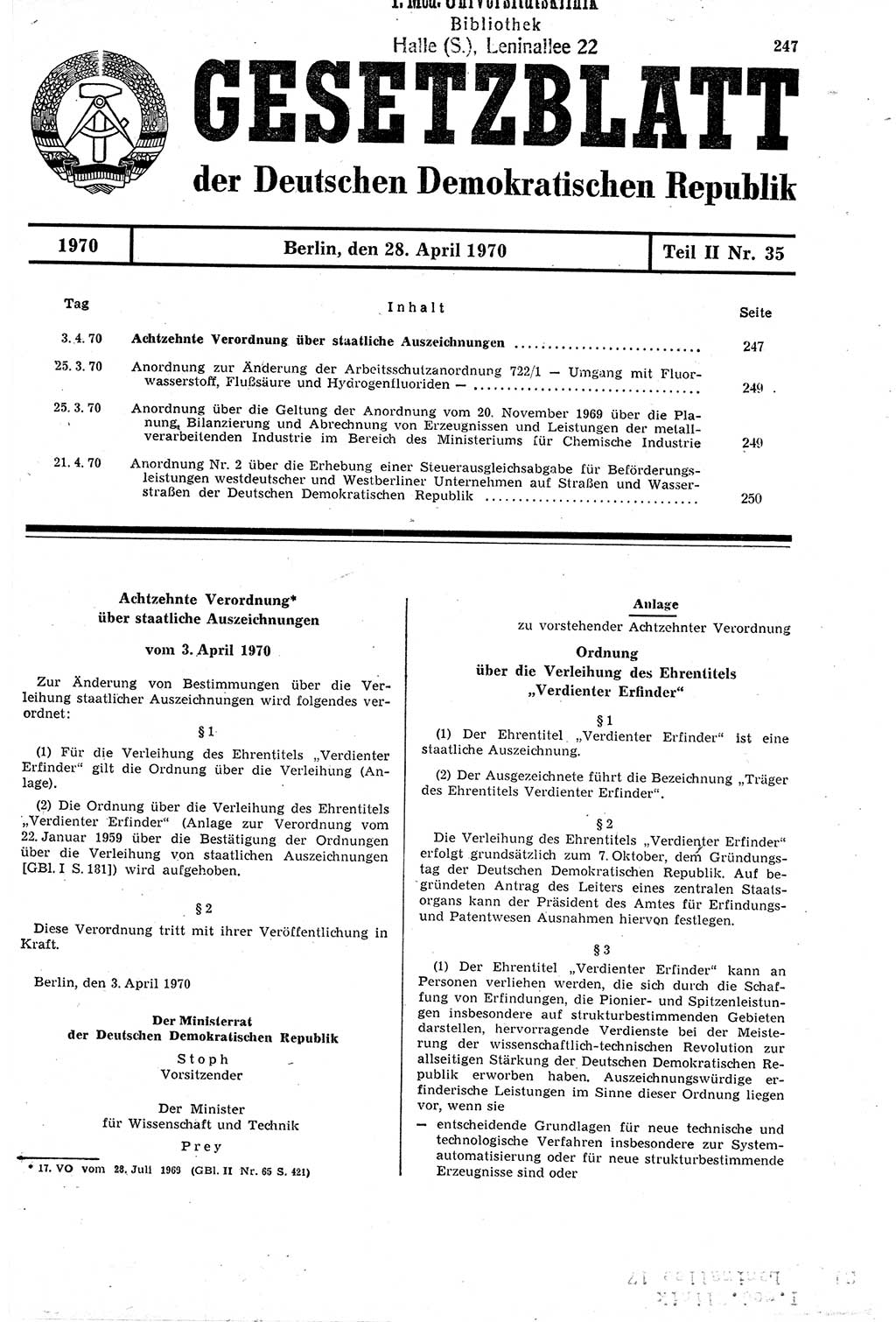 Gesetzblatt (GBl.) der Deutschen Demokratischen Republik (DDR) Teil ⅠⅠ 1970, Seite 247 (GBl. DDR ⅠⅠ 1970, S. 247)