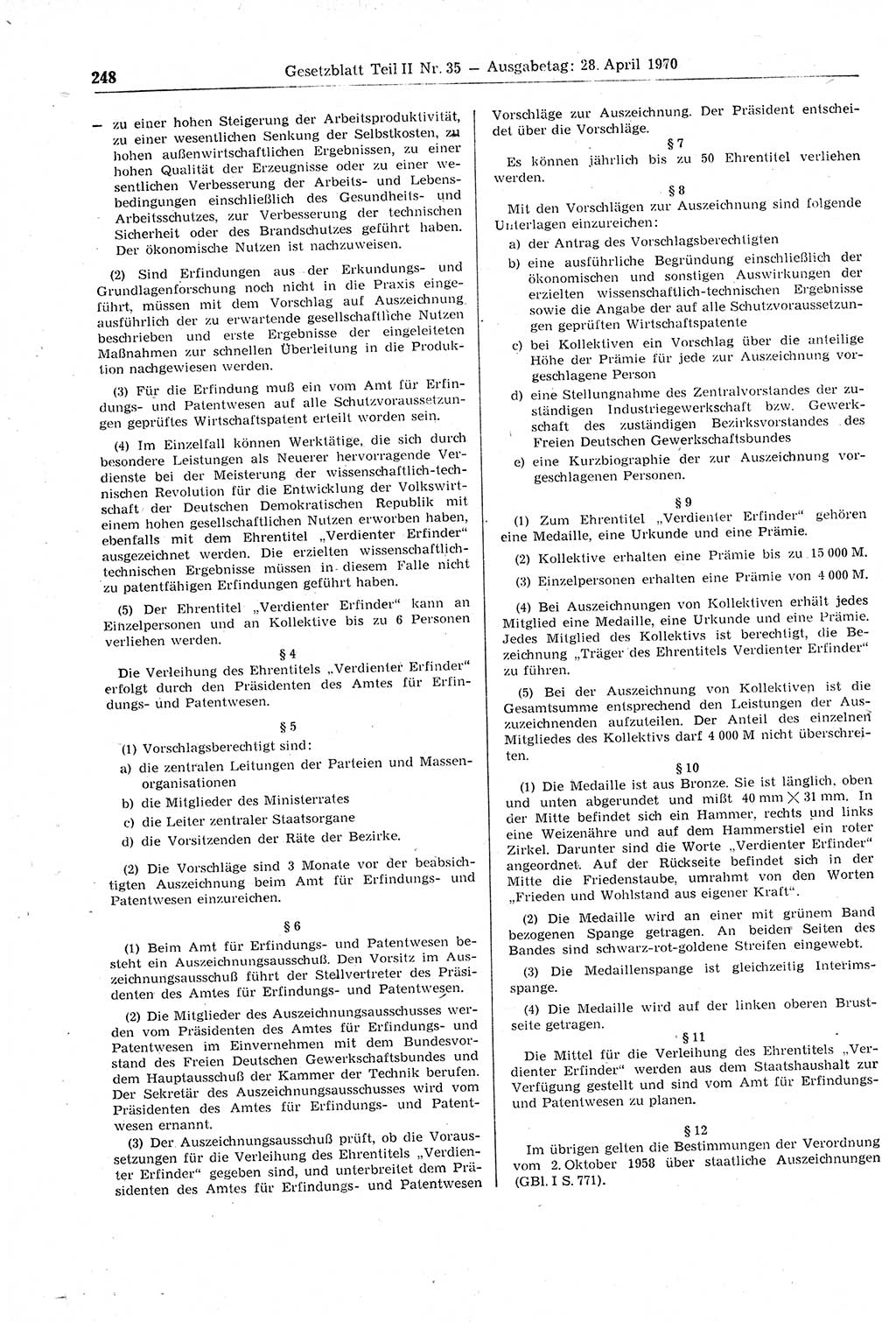 Gesetzblatt (GBl.) der Deutschen Demokratischen Republik (DDR) Teil ⅠⅠ 1970, Seite 248 (GBl. DDR ⅠⅠ 1970, S. 248)