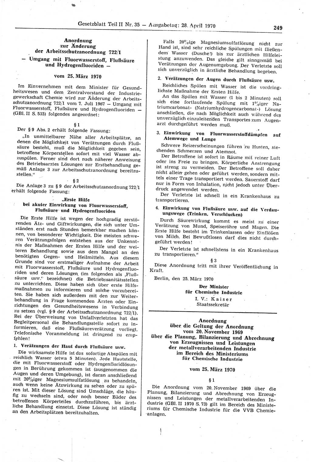 Gesetzblatt (GBl.) der Deutschen Demokratischen Republik (DDR) Teil ⅠⅠ 1970, Seite 249 (GBl. DDR ⅠⅠ 1970, S. 249)