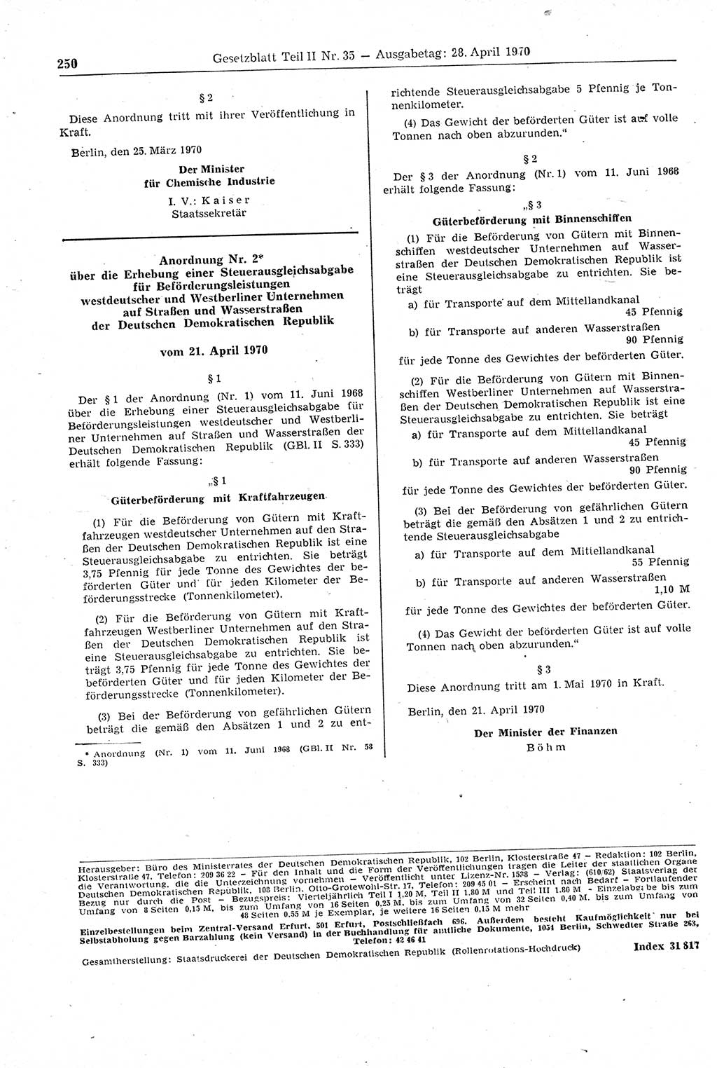 Gesetzblatt (GBl.) der Deutschen Demokratischen Republik (DDR) Teil ⅠⅠ 1970, Seite 250 (GBl. DDR ⅠⅠ 1970, S. 250)