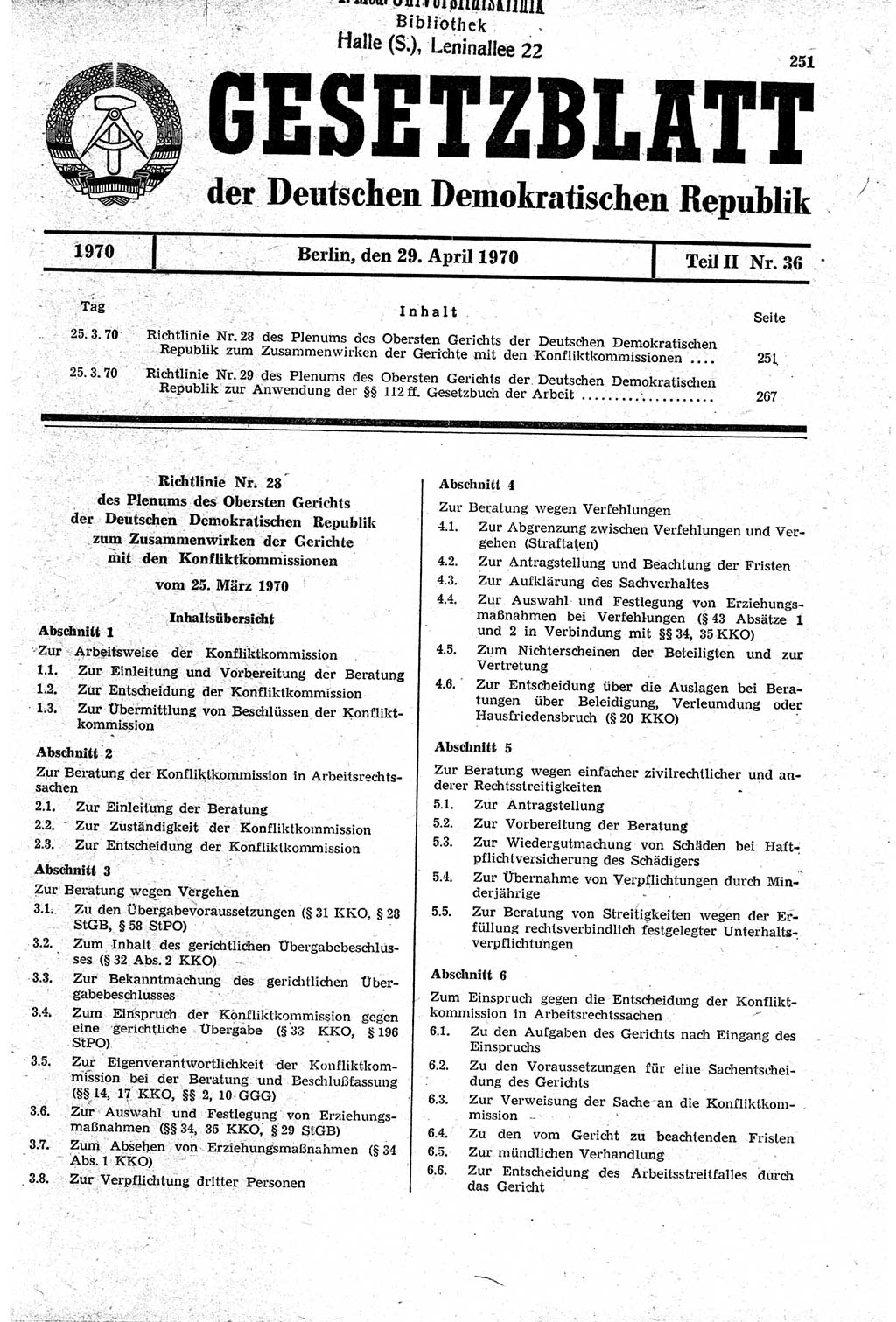 Gesetzblatt (GBl.) der Deutschen Demokratischen Republik (DDR) Teil ⅠⅠ 1970, Seite 251 (GBl. DDR ⅠⅠ 1970, S. 251)