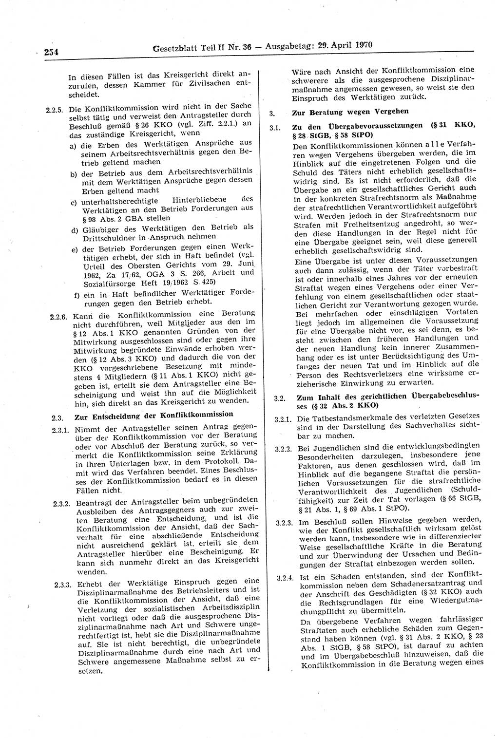 Gesetzblatt (GBl.) der Deutschen Demokratischen Republik (DDR) Teil ⅠⅠ 1970, Seite 254 (GBl. DDR ⅠⅠ 1970, S. 254)