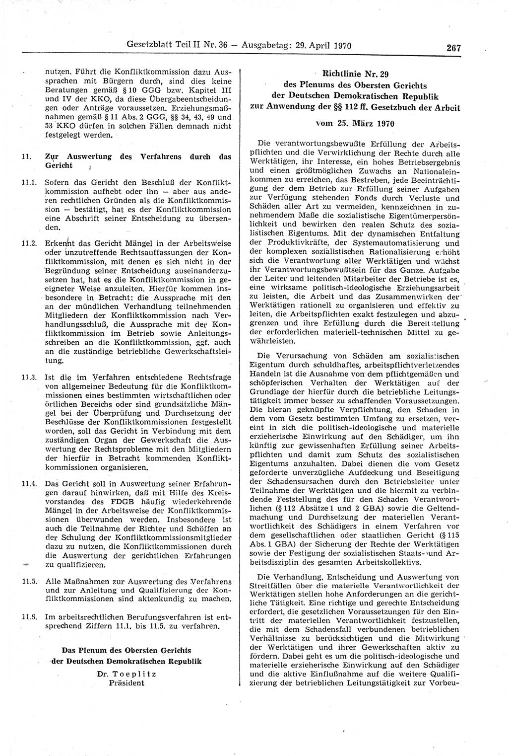 Gesetzblatt (GBl.) der Deutschen Demokratischen Republik (DDR) Teil ⅠⅠ 1970, Seite 267 (GBl. DDR ⅠⅠ 1970, S. 267)