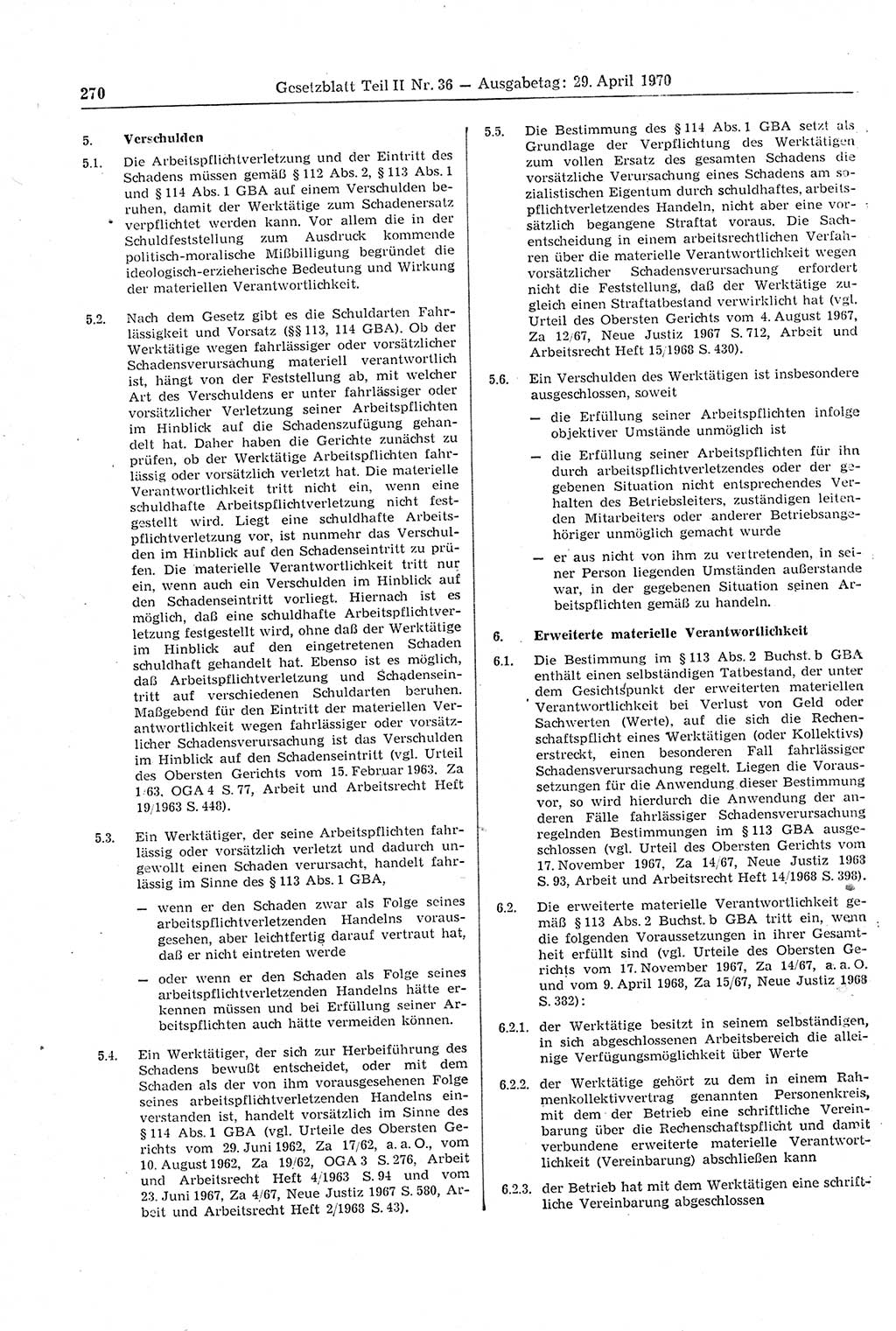 Gesetzblatt (GBl.) der Deutschen Demokratischen Republik (DDR) Teil ⅠⅠ 1970, Seite 270 (GBl. DDR ⅠⅠ 1970, S. 270)