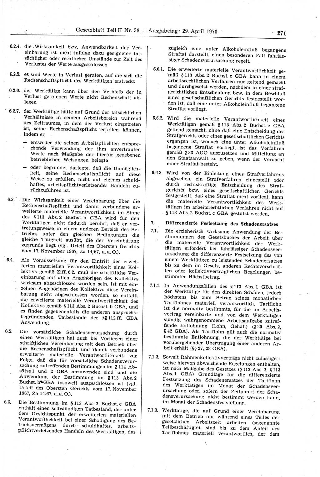 Gesetzblatt (GBl.) der Deutschen Demokratischen Republik (DDR) Teil ⅠⅠ 1970, Seite 271 (GBl. DDR ⅠⅠ 1970, S. 271)