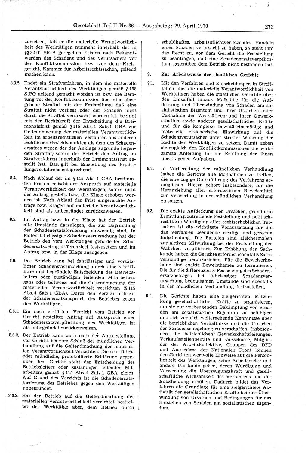 Gesetzblatt (GBl.) der Deutschen Demokratischen Republik (DDR) Teil ⅠⅠ 1970, Seite 273 (GBl. DDR ⅠⅠ 1970, S. 273)