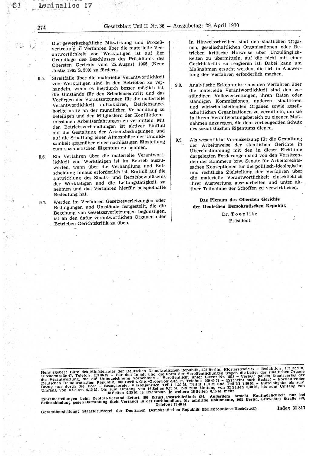 Gesetzblatt (GBl.) der Deutschen Demokratischen Republik (DDR) Teil ⅠⅠ 1970, Seite 274 (GBl. DDR ⅠⅠ 1970, S. 274)