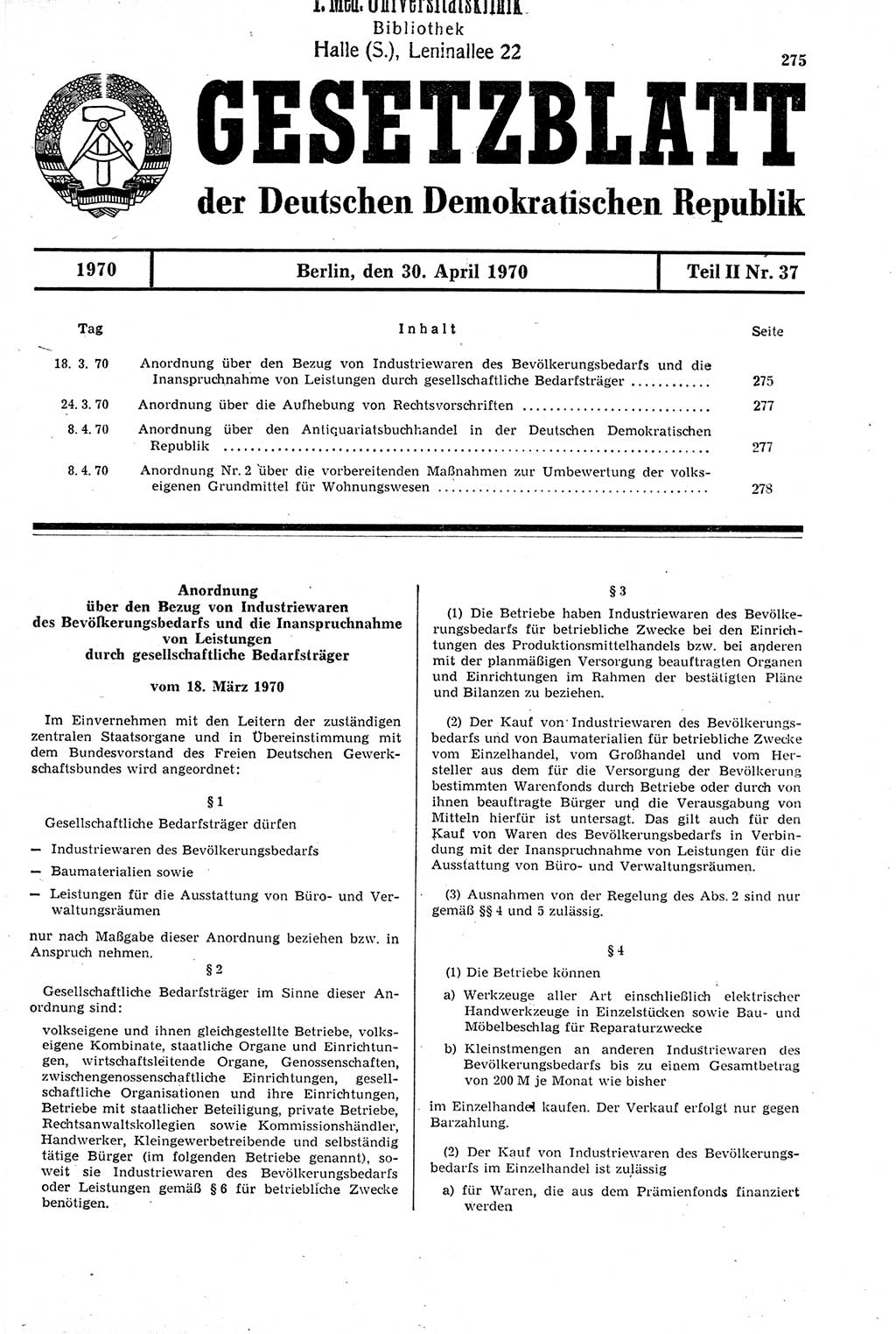 Gesetzblatt (GBl.) der Deutschen Demokratischen Republik (DDR) Teil ⅠⅠ 1970, Seite 275 (GBl. DDR ⅠⅠ 1970, S. 275)