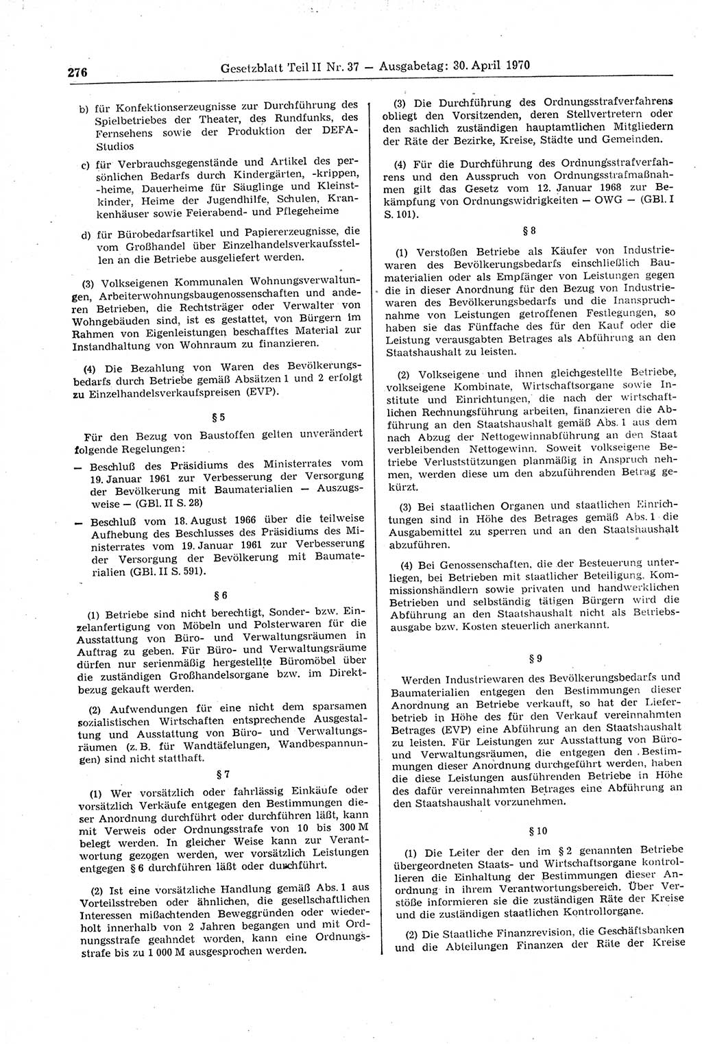 Gesetzblatt (GBl.) der Deutschen Demokratischen Republik (DDR) Teil ⅠⅠ 1970, Seite 276 (GBl. DDR ⅠⅠ 1970, S. 276)
