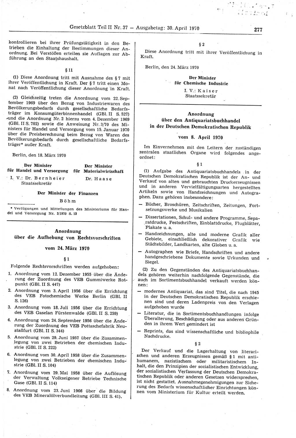 Gesetzblatt (GBl.) der Deutschen Demokratischen Republik (DDR) Teil ⅠⅠ 1970, Seite 277 (GBl. DDR ⅠⅠ 1970, S. 277)