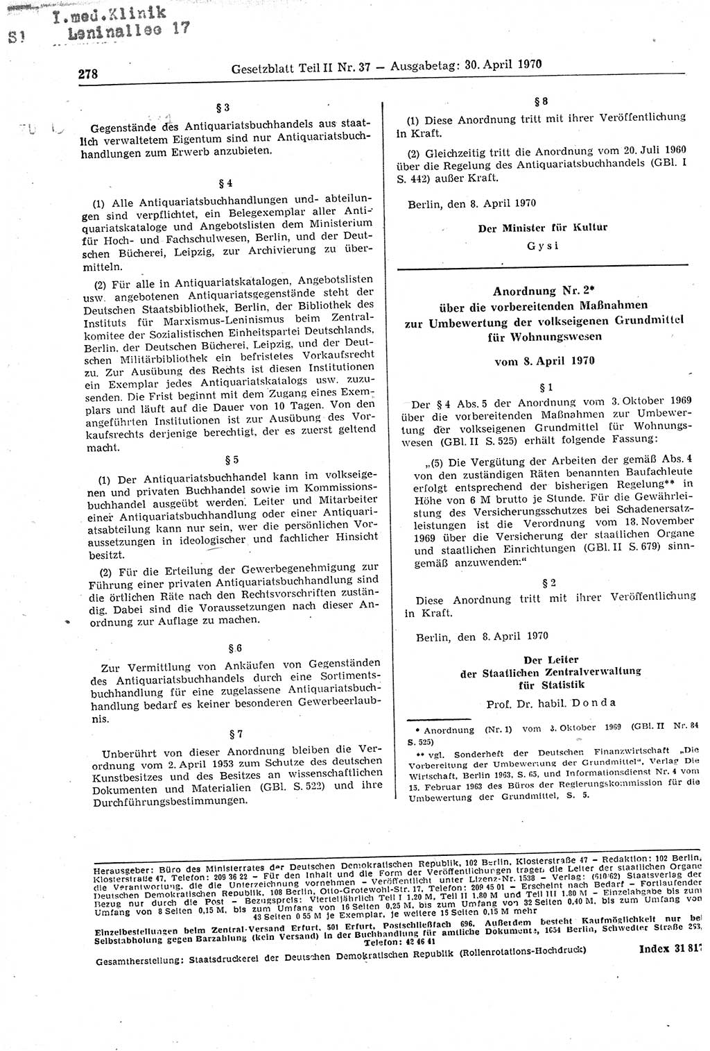 Gesetzblatt (GBl.) der Deutschen Demokratischen Republik (DDR) Teil ⅠⅠ 1970, Seite 278 (GBl. DDR ⅠⅠ 1970, S. 278)
