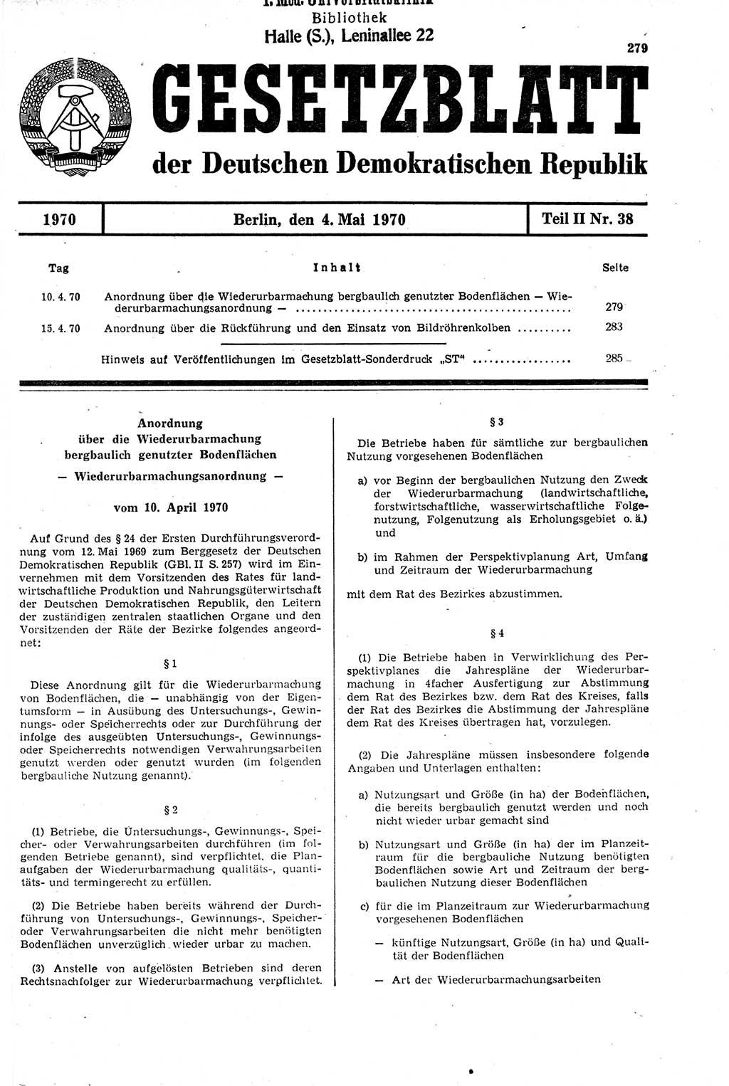 Gesetzblatt (GBl.) der Deutschen Demokratischen Republik (DDR) Teil ⅠⅠ 1970, Seite 279 (GBl. DDR ⅠⅠ 1970, S. 279)