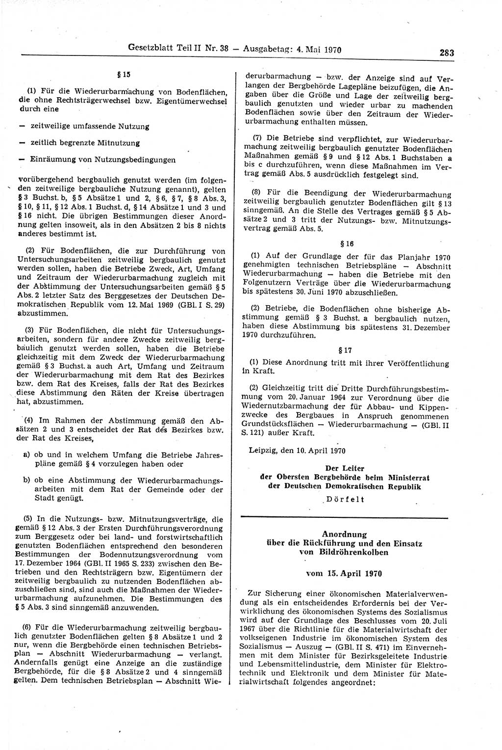 Gesetzblatt (GBl.) der Deutschen Demokratischen Republik (DDR) Teil ⅠⅠ 1970, Seite 283 (GBl. DDR ⅠⅠ 1970, S. 283)