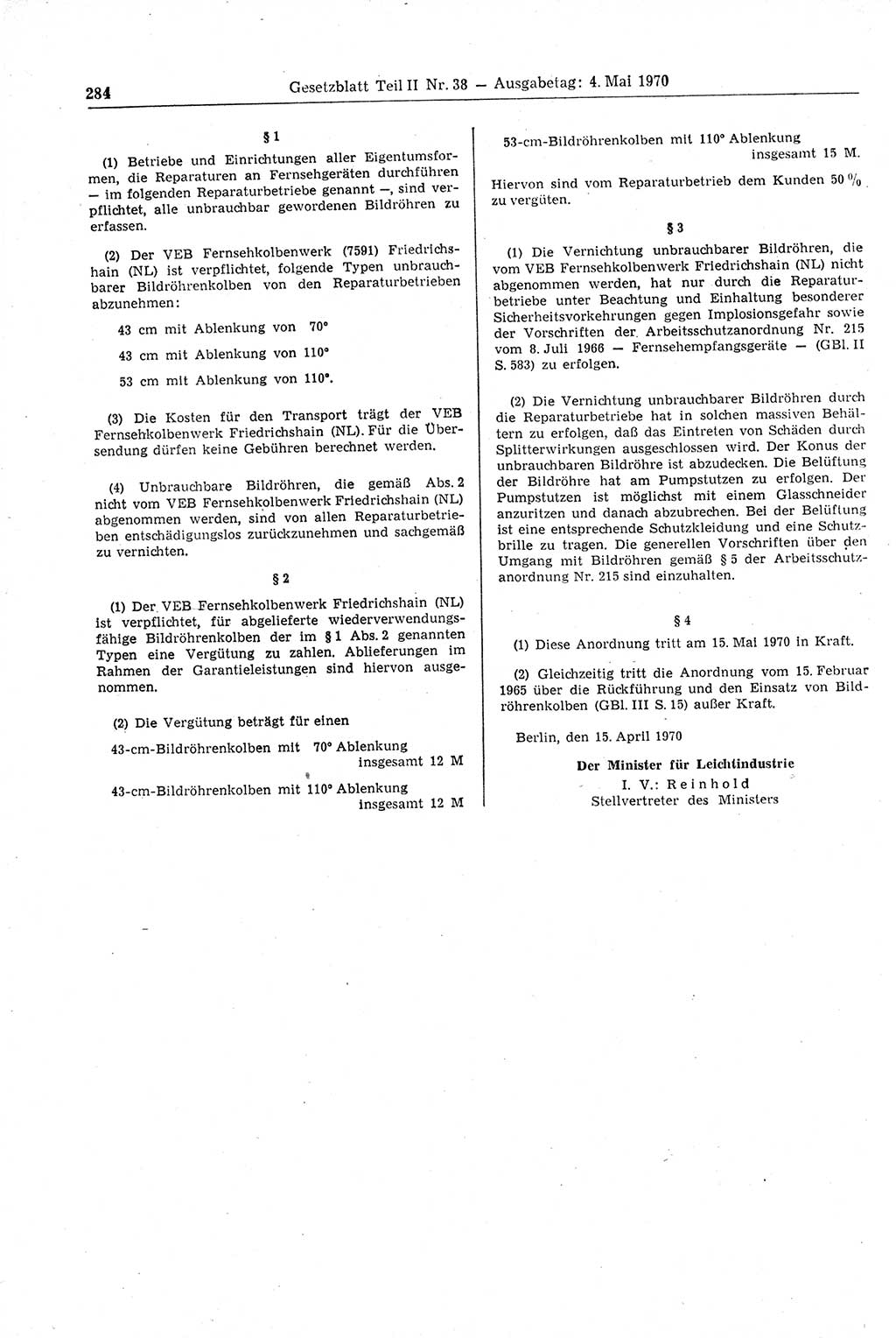 Gesetzblatt (GBl.) der Deutschen Demokratischen Republik (DDR) Teil ⅠⅠ 1970, Seite 284 (GBl. DDR ⅠⅠ 1970, S. 284)