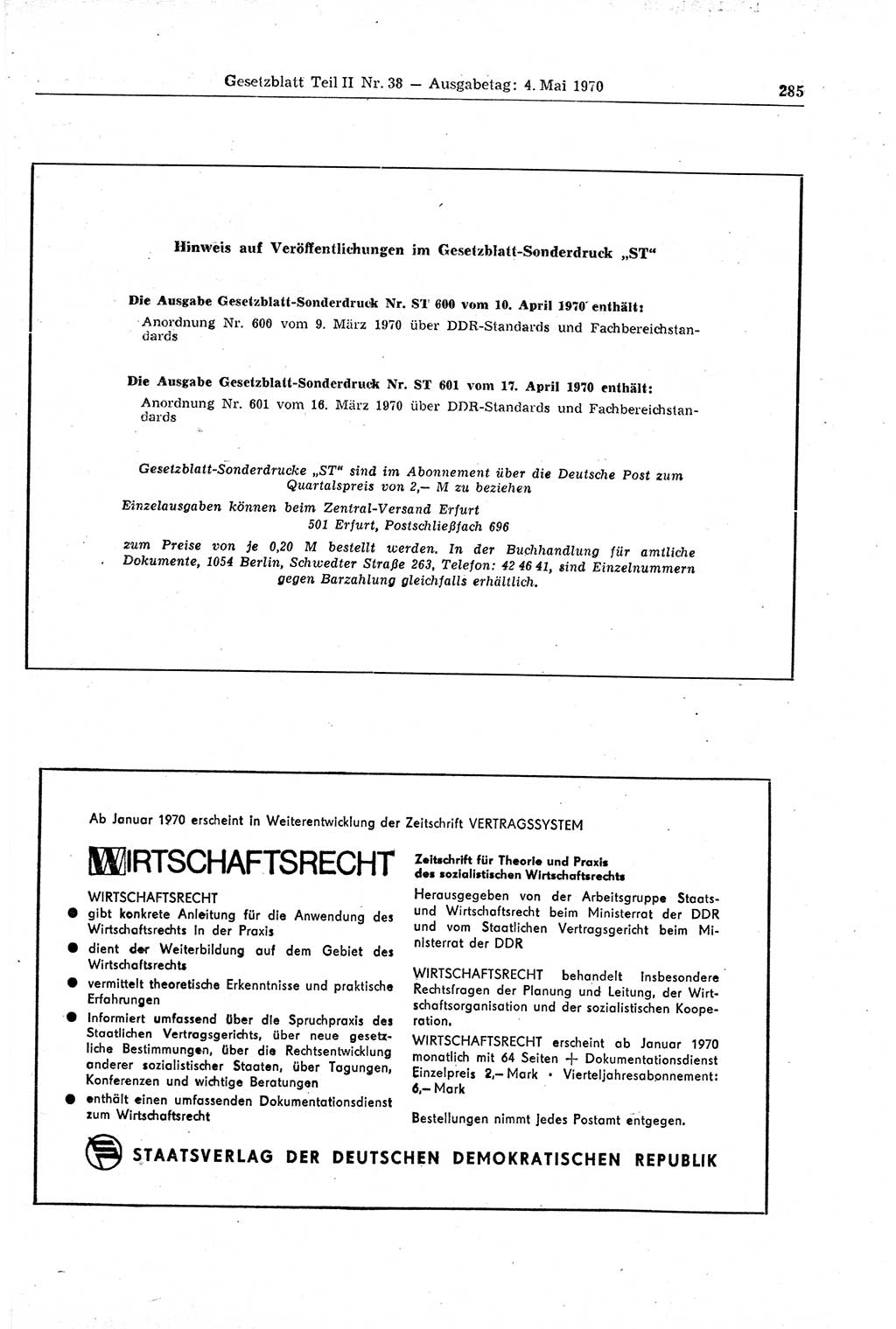 Gesetzblatt (GBl.) der Deutschen Demokratischen Republik (DDR) Teil ⅠⅠ 1970, Seite 285 (GBl. DDR ⅠⅠ 1970, S. 285)