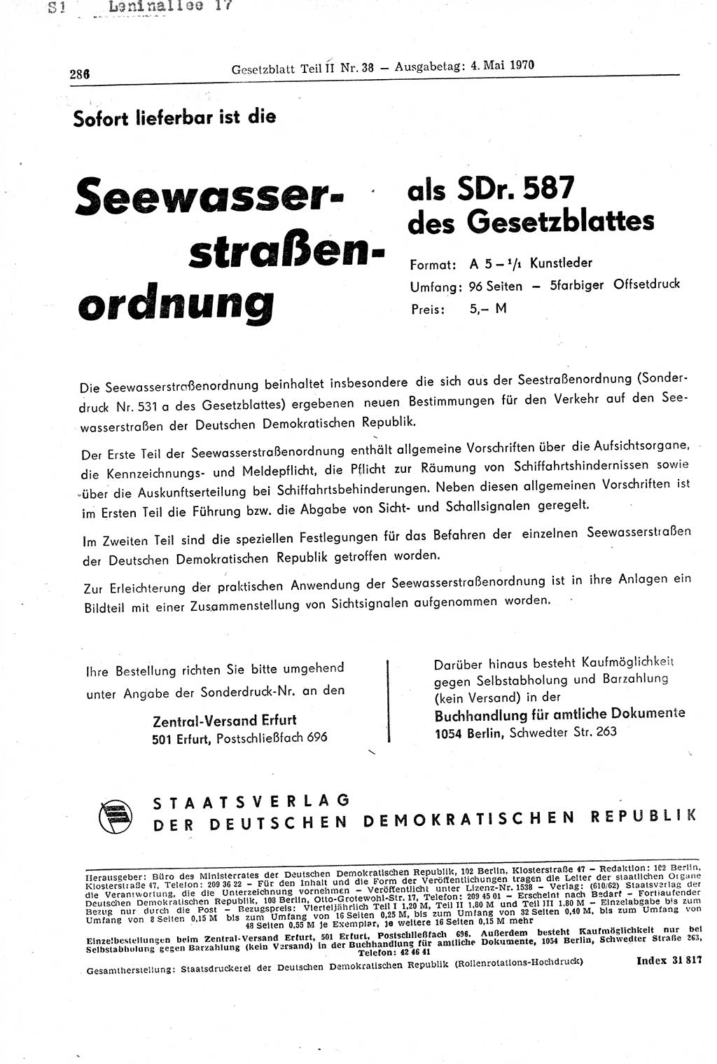 Gesetzblatt (GBl.) der Deutschen Demokratischen Republik (DDR) Teil ⅠⅠ 1970, Seite 286 (GBl. DDR ⅠⅠ 1970, S. 286)