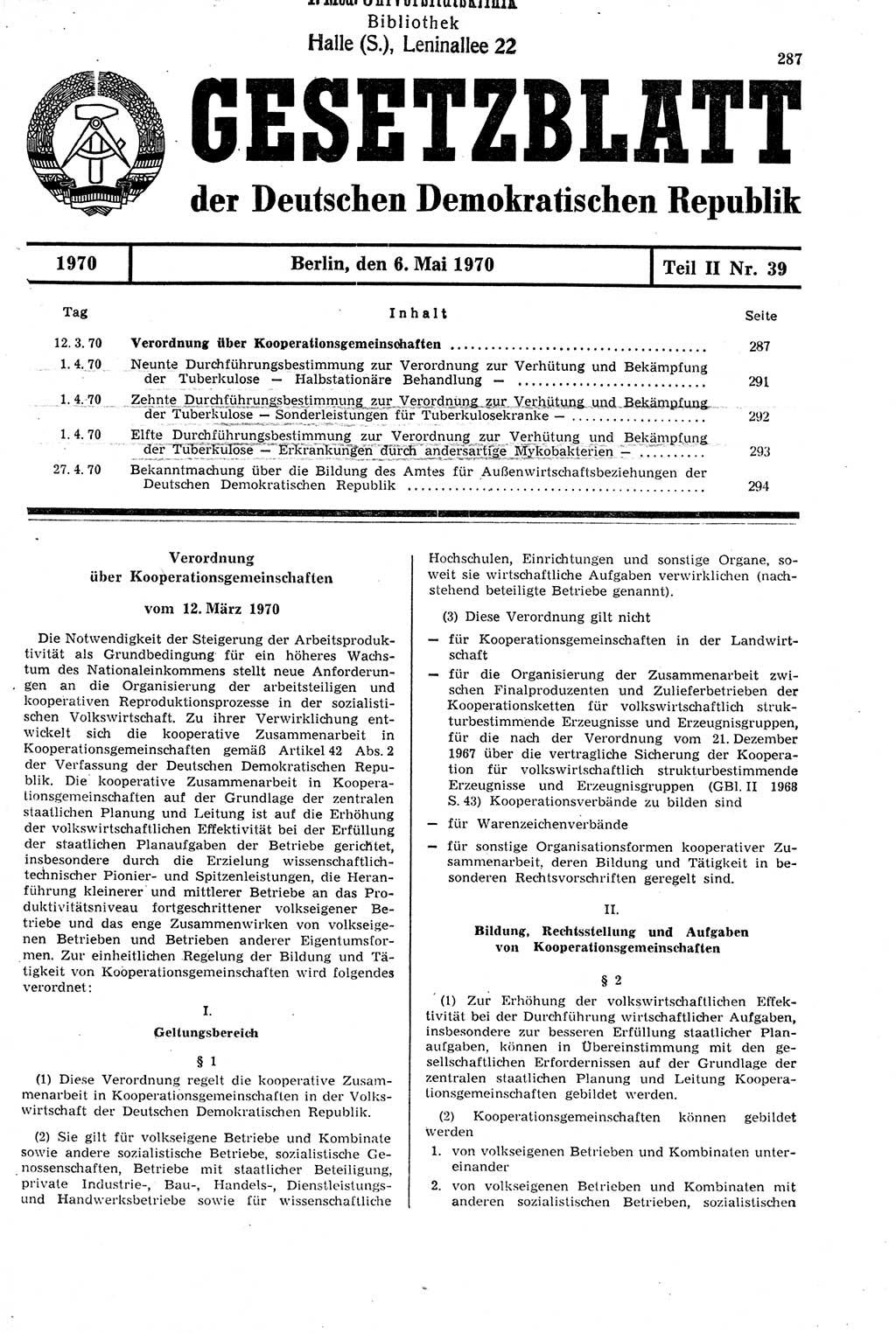 Gesetzblatt (GBl.) der Deutschen Demokratischen Republik (DDR) Teil ⅠⅠ 1970, Seite 287 (GBl. DDR ⅠⅠ 1970, S. 287)