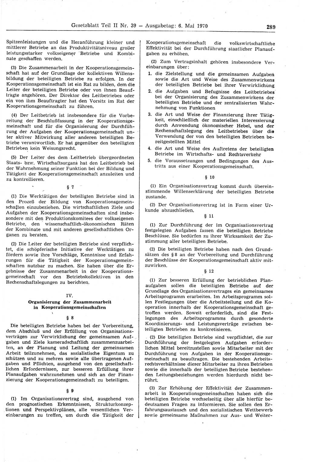 Gesetzblatt (GBl.) der Deutschen Demokratischen Republik (DDR) Teil ⅠⅠ 1970, Seite 289 (GBl. DDR ⅠⅠ 1970, S. 289)