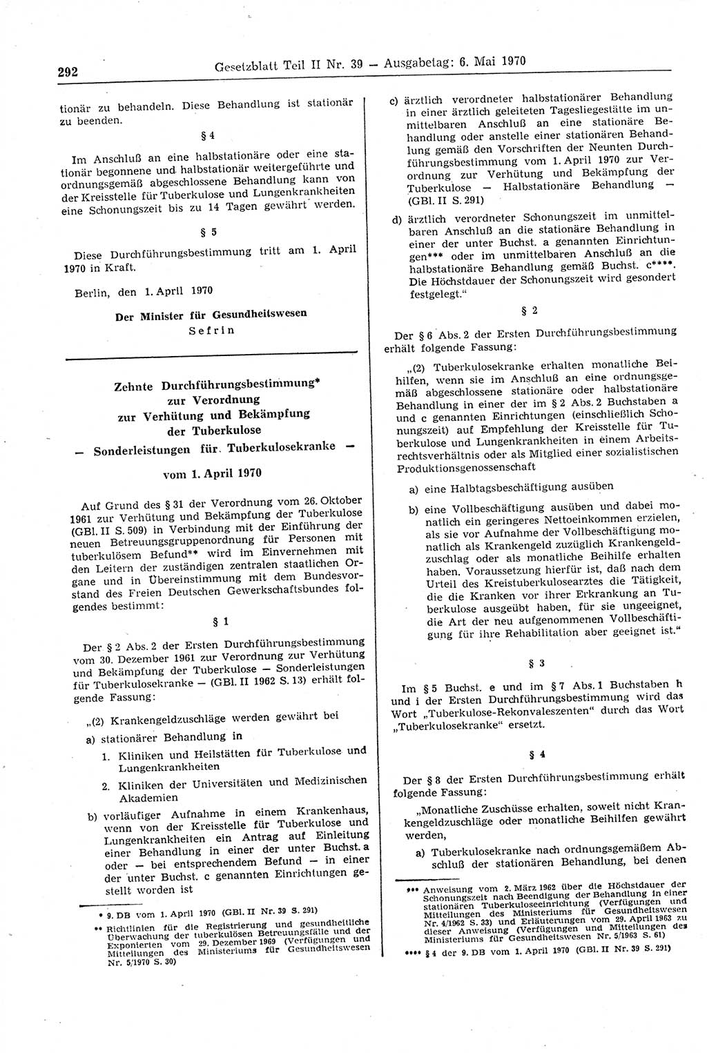 Gesetzblatt (GBl.) der Deutschen Demokratischen Republik (DDR) Teil ⅠⅠ 1970, Seite 292 (GBl. DDR ⅠⅠ 1970, S. 292)