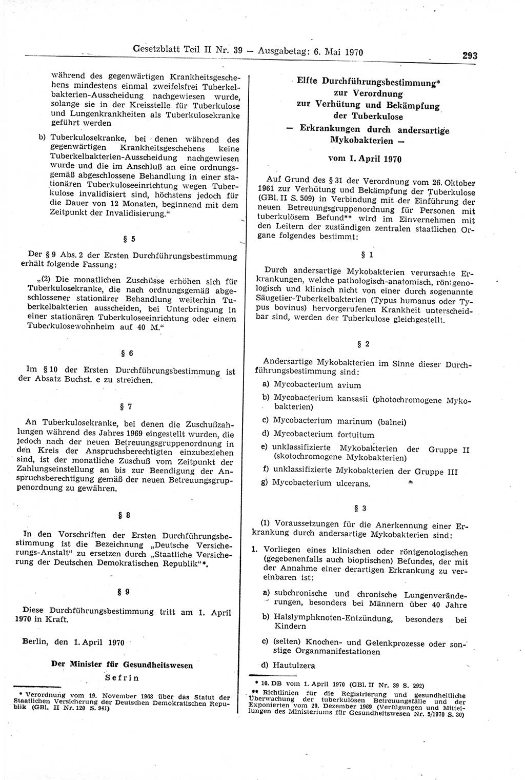 Gesetzblatt (GBl.) der Deutschen Demokratischen Republik (DDR) Teil ⅠⅠ 1970, Seite 293 (GBl. DDR ⅠⅠ 1970, S. 293)