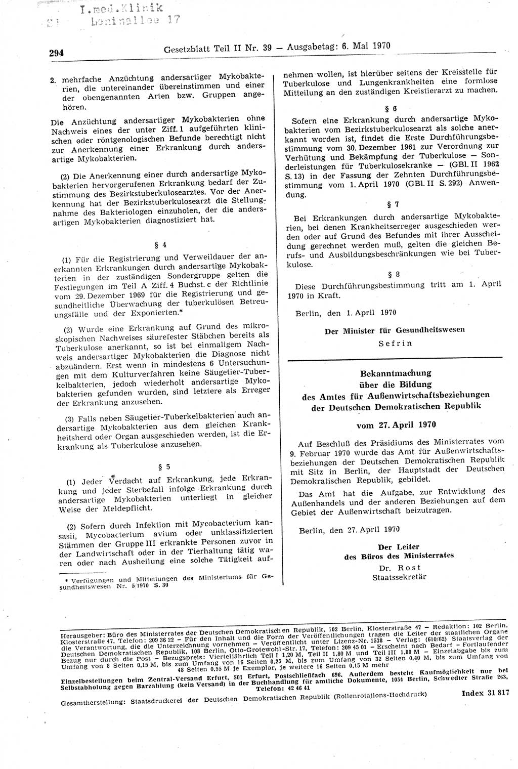 Gesetzblatt (GBl.) der Deutschen Demokratischen Republik (DDR) Teil ⅠⅠ 1970, Seite 294 (GBl. DDR ⅠⅠ 1970, S. 294)
