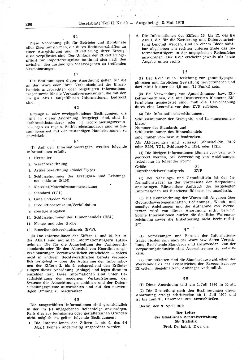 Gesetzblatt (GBl.) der Deutschen Demokratischen Republik (DDR) Teil ⅠⅠ 1970, Seite 296 (GBl. DDR ⅠⅠ 1970, S. 296)