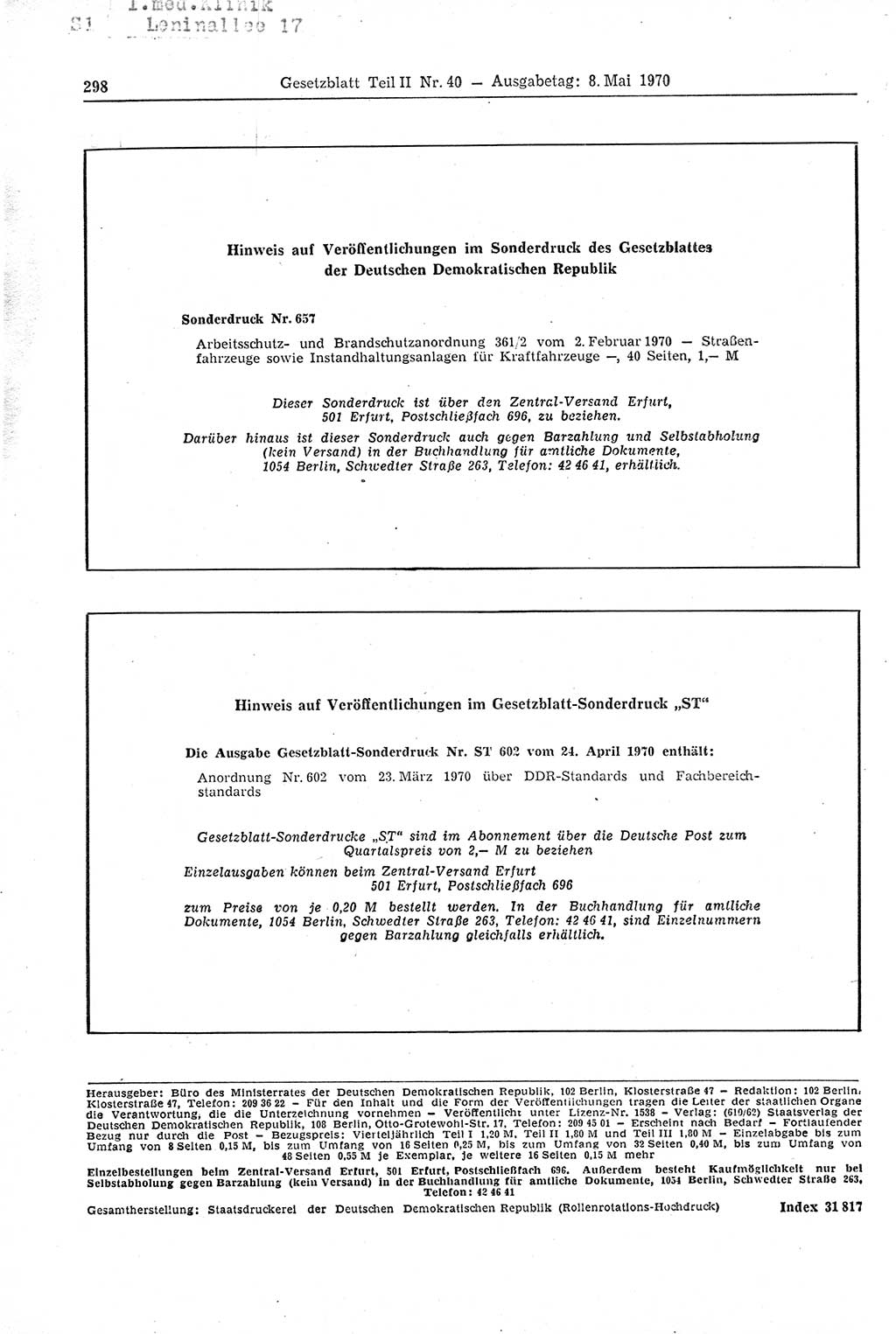 Gesetzblatt (GBl.) der Deutschen Demokratischen Republik (DDR) Teil ⅠⅠ 1970, Seite 298 (GBl. DDR ⅠⅠ 1970, S. 298)