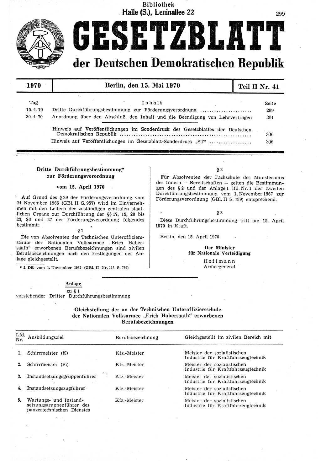 Gesetzblatt (GBl.) der Deutschen Demokratischen Republik (DDR) Teil ⅠⅠ 1970, Seite 299 (GBl. DDR ⅠⅠ 1970, S. 299)