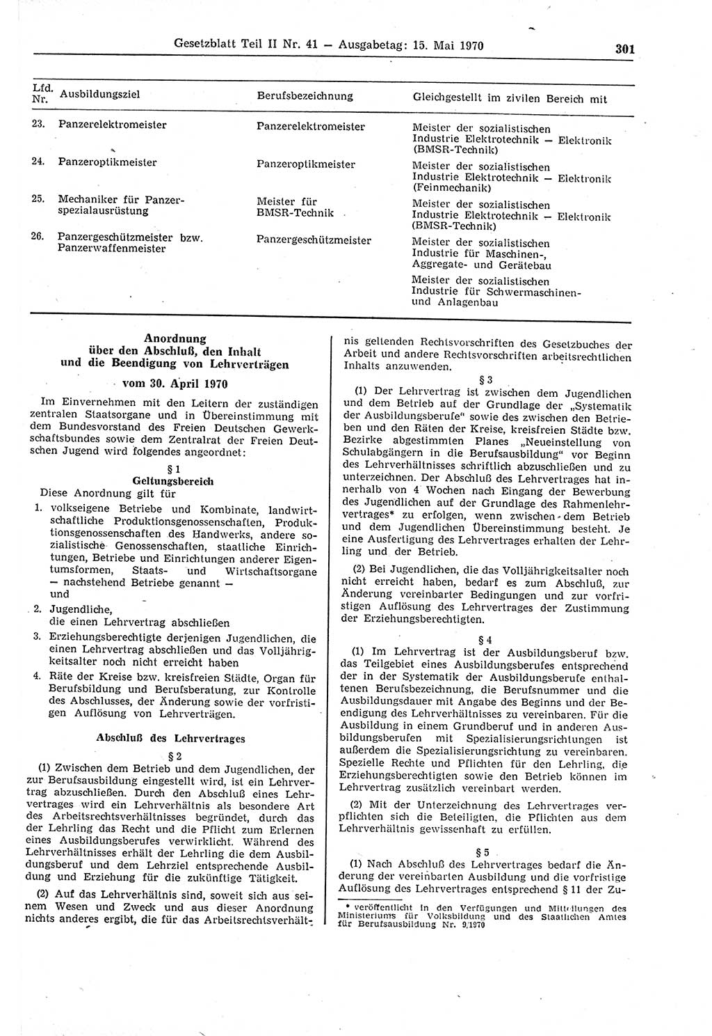 Gesetzblatt (GBl.) der Deutschen Demokratischen Republik (DDR) Teil ⅠⅠ 1970, Seite 301 (GBl. DDR ⅠⅠ 1970, S. 301)