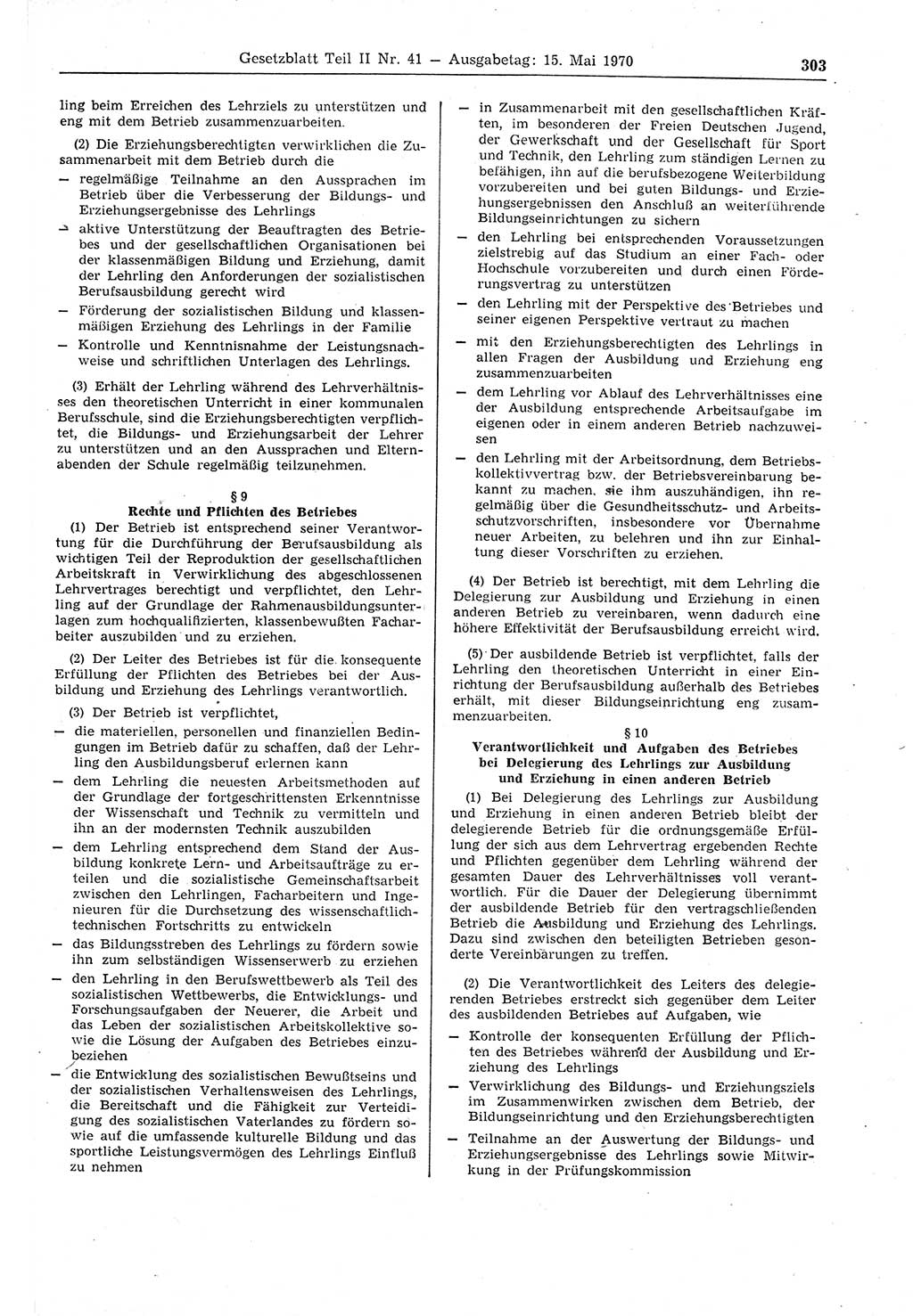Gesetzblatt (GBl.) der Deutschen Demokratischen Republik (DDR) Teil ⅠⅠ 1970, Seite 303 (GBl. DDR ⅠⅠ 1970, S. 303)