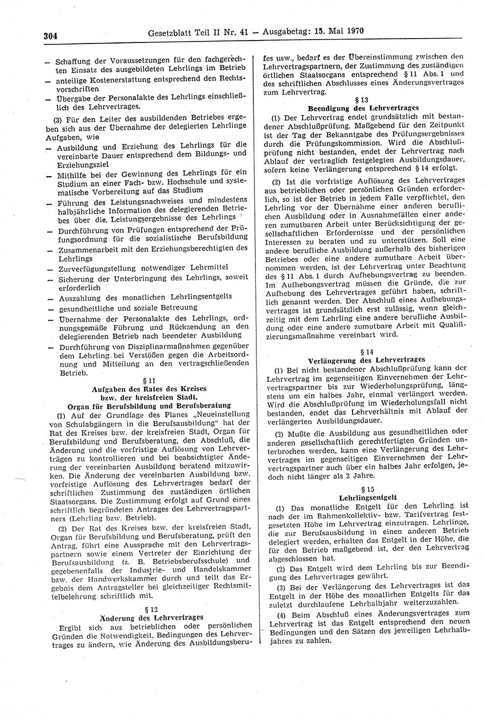 Gesetzblatt (GBl.) der Deutschen Demokratischen Republik (DDR) Teil ⅠⅠ 1970, Seite 304 (GBl. DDR ⅠⅠ 1970, S. 304)