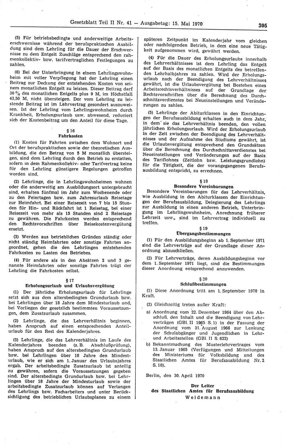 Gesetzblatt (GBl.) der Deutschen Demokratischen Republik (DDR) Teil ⅠⅠ 1970, Seite 305 (GBl. DDR ⅠⅠ 1970, S. 305)