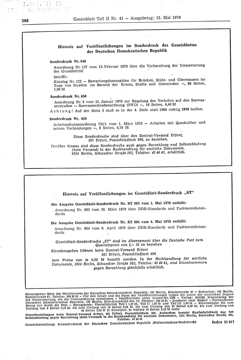 Gesetzblatt (GBl.) der Deutschen Demokratischen Republik (DDR) Teil ⅠⅠ 1970, Seite 306 (GBl. DDR ⅠⅠ 1970, S. 306)