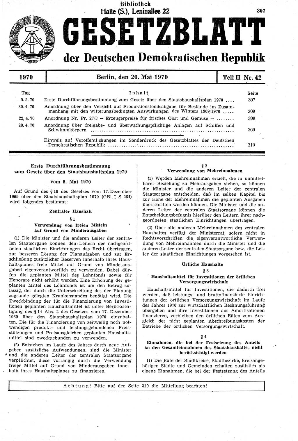 Gesetzblatt (GBl.) der Deutschen Demokratischen Republik (DDR) Teil ⅠⅠ 1970, Seite 307 (GBl. DDR ⅠⅠ 1970, S. 307)