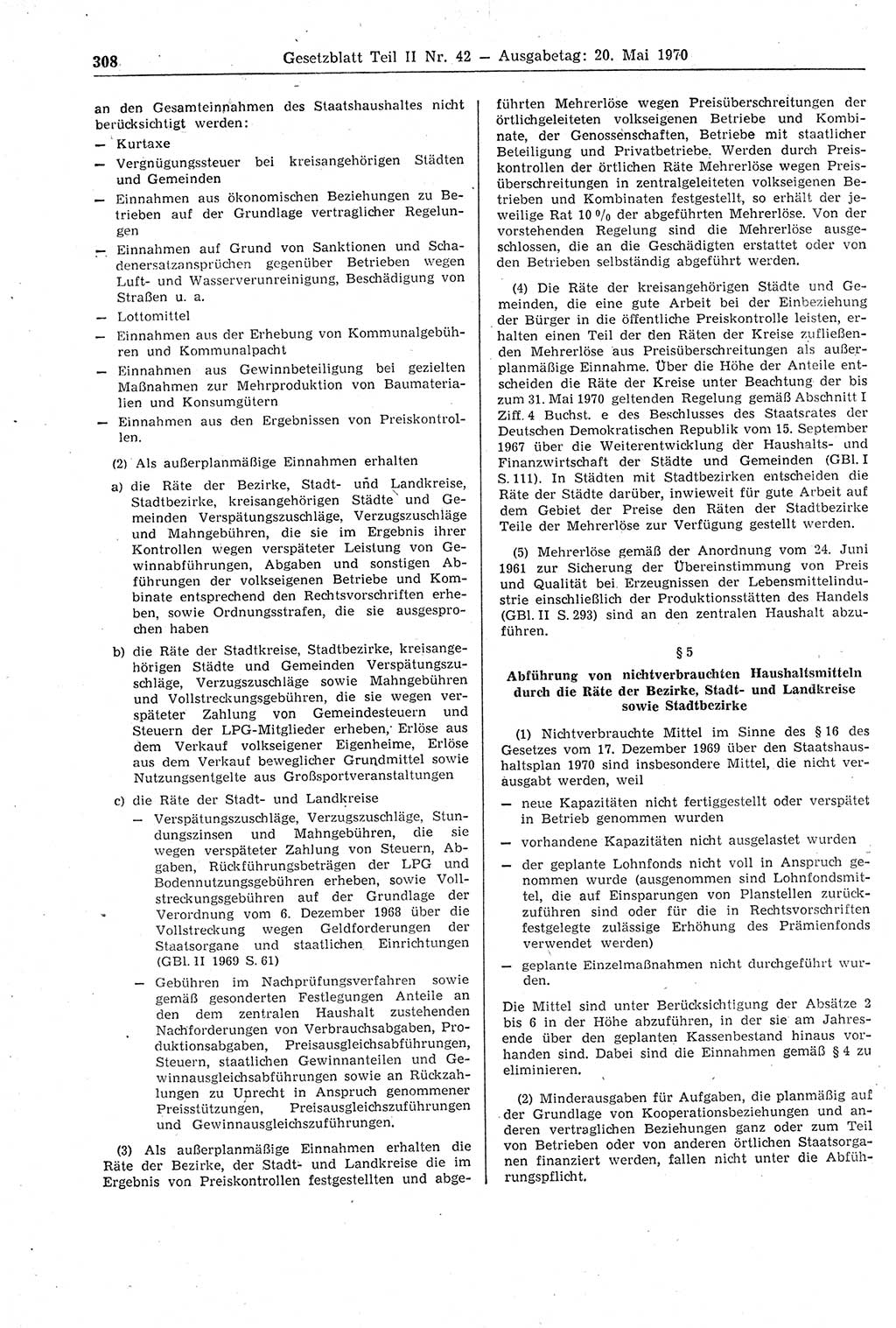 Gesetzblatt (GBl.) der Deutschen Demokratischen Republik (DDR) Teil ⅠⅠ 1970, Seite 308 (GBl. DDR ⅠⅠ 1970, S. 308)