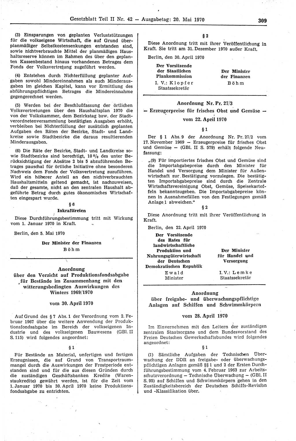 Gesetzblatt (GBl.) der Deutschen Demokratischen Republik (DDR) Teil ⅠⅠ 1970, Seite 309 (GBl. DDR ⅠⅠ 1970, S. 309)