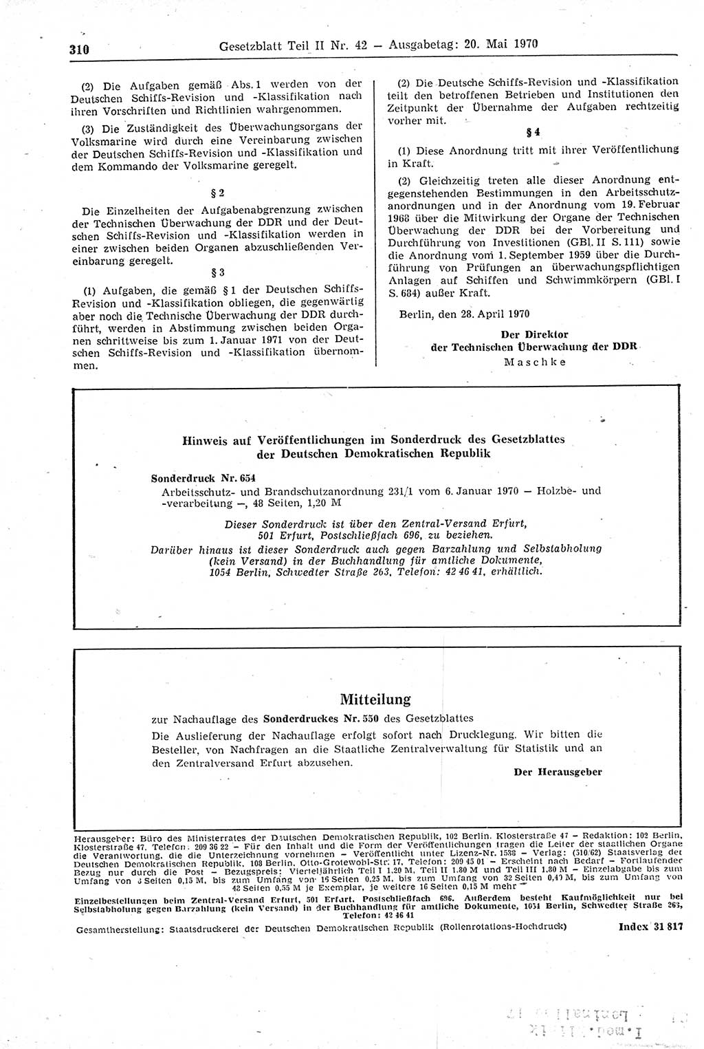 Gesetzblatt (GBl.) der Deutschen Demokratischen Republik (DDR) Teil ⅠⅠ 1970, Seite 310 (GBl. DDR ⅠⅠ 1970, S. 310)
