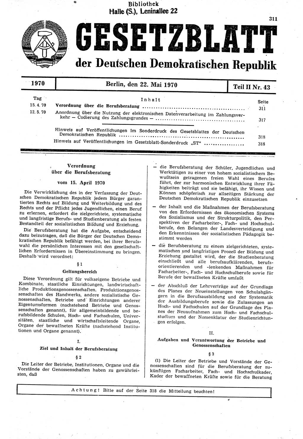 Gesetzblatt (GBl.) der Deutschen Demokratischen Republik (DDR) Teil ⅠⅠ 1970, Seite 311 (GBl. DDR ⅠⅠ 1970, S. 311)
