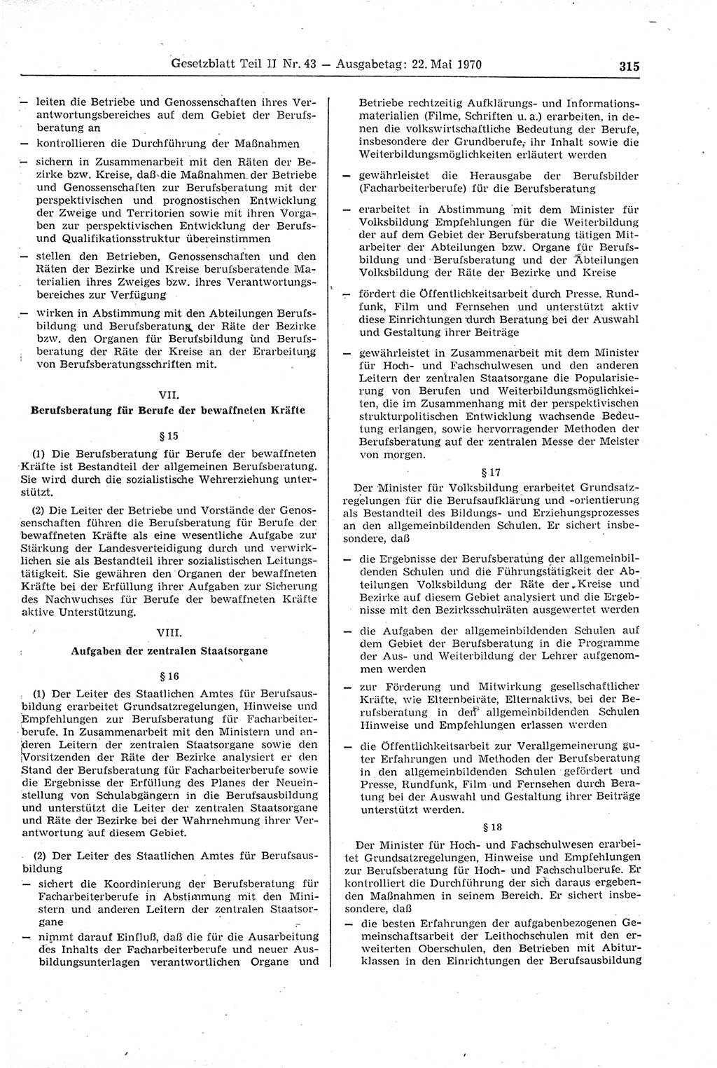 Gesetzblatt (GBl.) der Deutschen Demokratischen Republik (DDR) Teil ⅠⅠ 1970, Seite 315 (GBl. DDR ⅠⅠ 1970, S. 315)